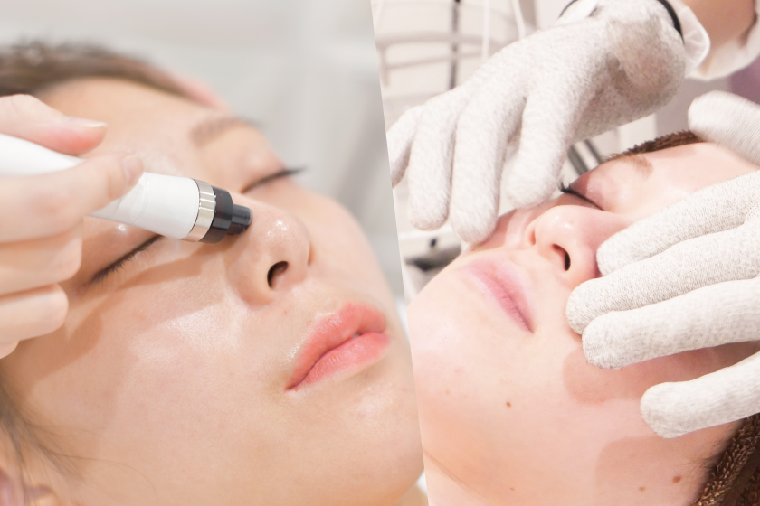 左：毛穴洗浄メニューを施術中の女性、右：PLASMASTAR（プラズマスター）施術中の女性