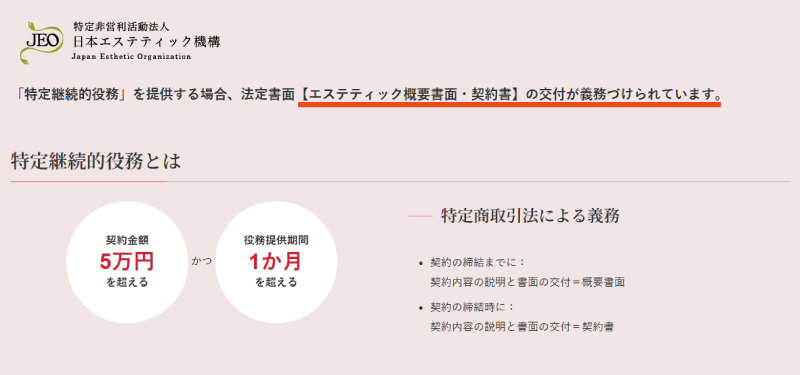 「特定継続的役務」を提供する場合、法定書面【エステティック概要書面・契約書】の交付が義務づけられています。