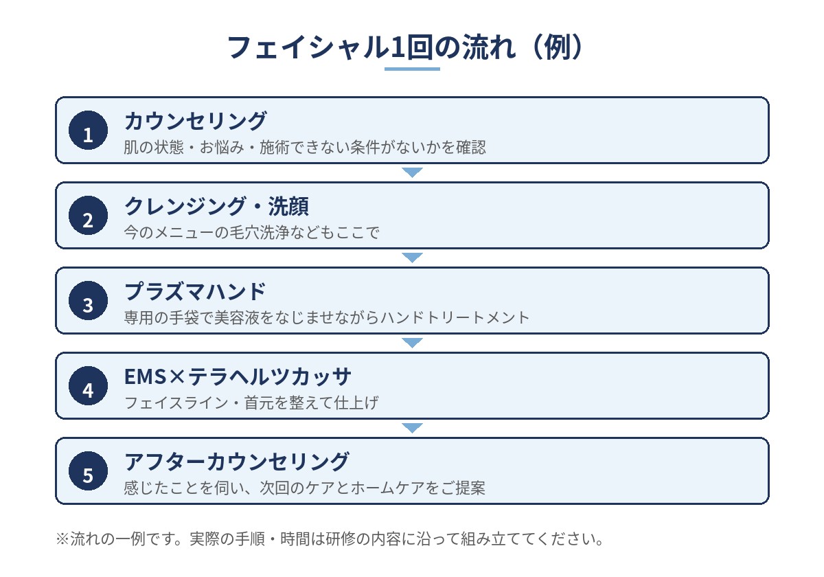 フェイシャル1回の流れの例(1カウンセリング、2クレンジング・洗顔、3プラズマハンドで美容液をなじませる、4EMS×テラヘルツカッサで仕上げ、5アフターカウンセリング)の図